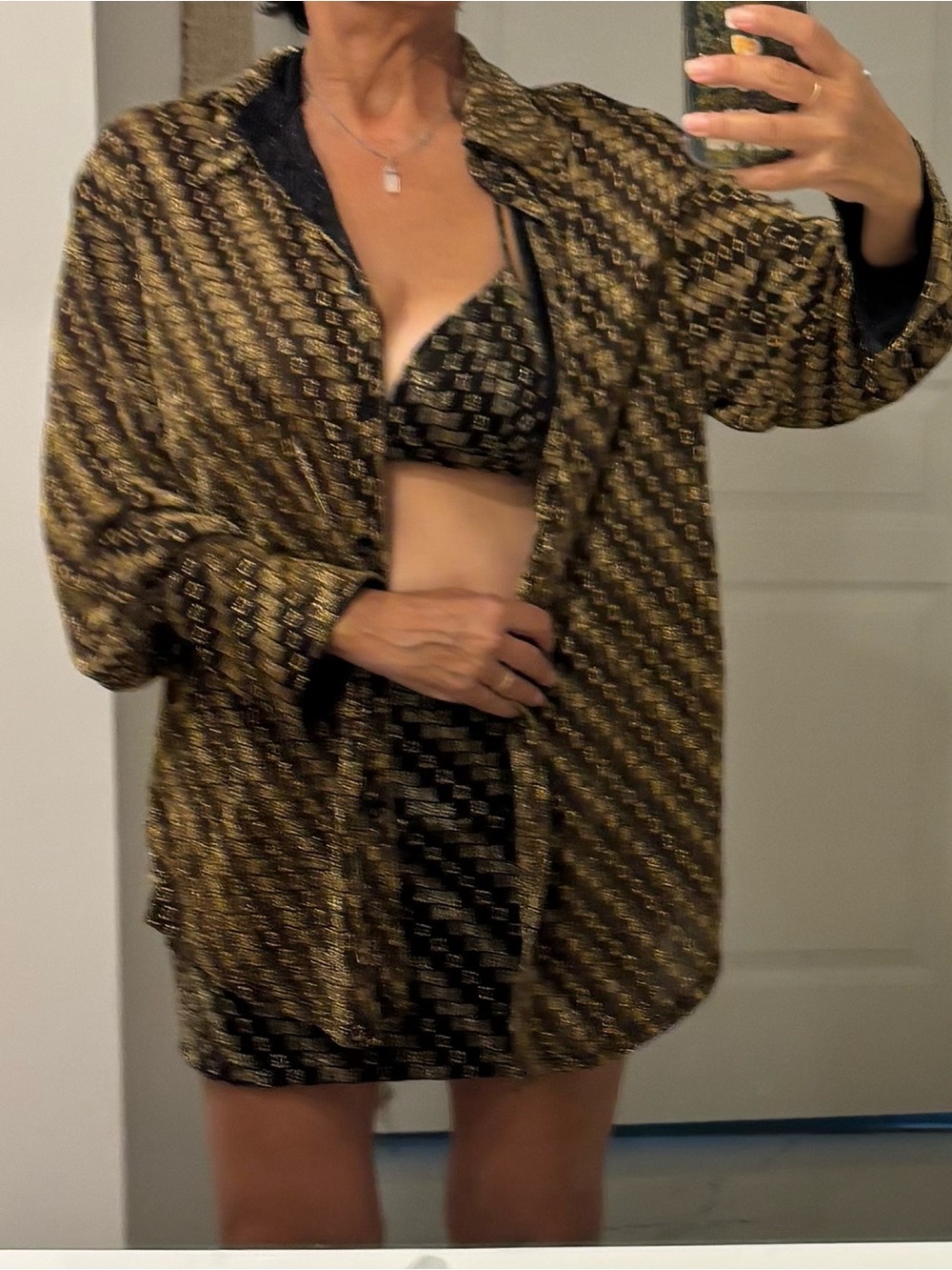SHEINBAE Black & Gold Patterned Bra with Matching Button Shirt and Skirt